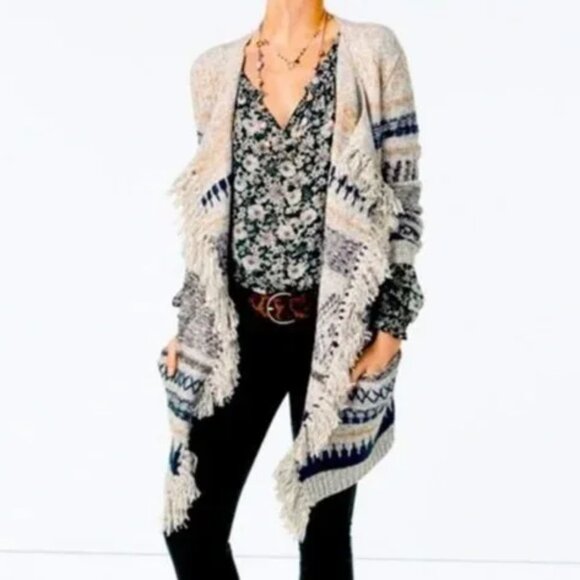 CABI Shetland Fringe Drape Front Oversized Waterfall Cardigan Sweater Size Small - Picture 2 of 11